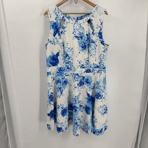 Jay Godfrey Dress Womens 18W Blue White Floral Sleeveless Fit And Flare Cocktail